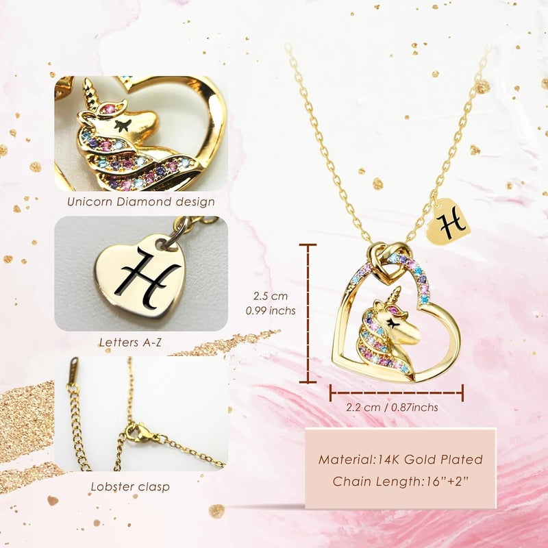 PYXC Valentines Day Gifts - Unicorn Necklace Gifts for Girls, Gold CZ Heart Unicorn Jewelry Initial Girls Birthday Colorful Heart Necklace Birthday present - Image 4